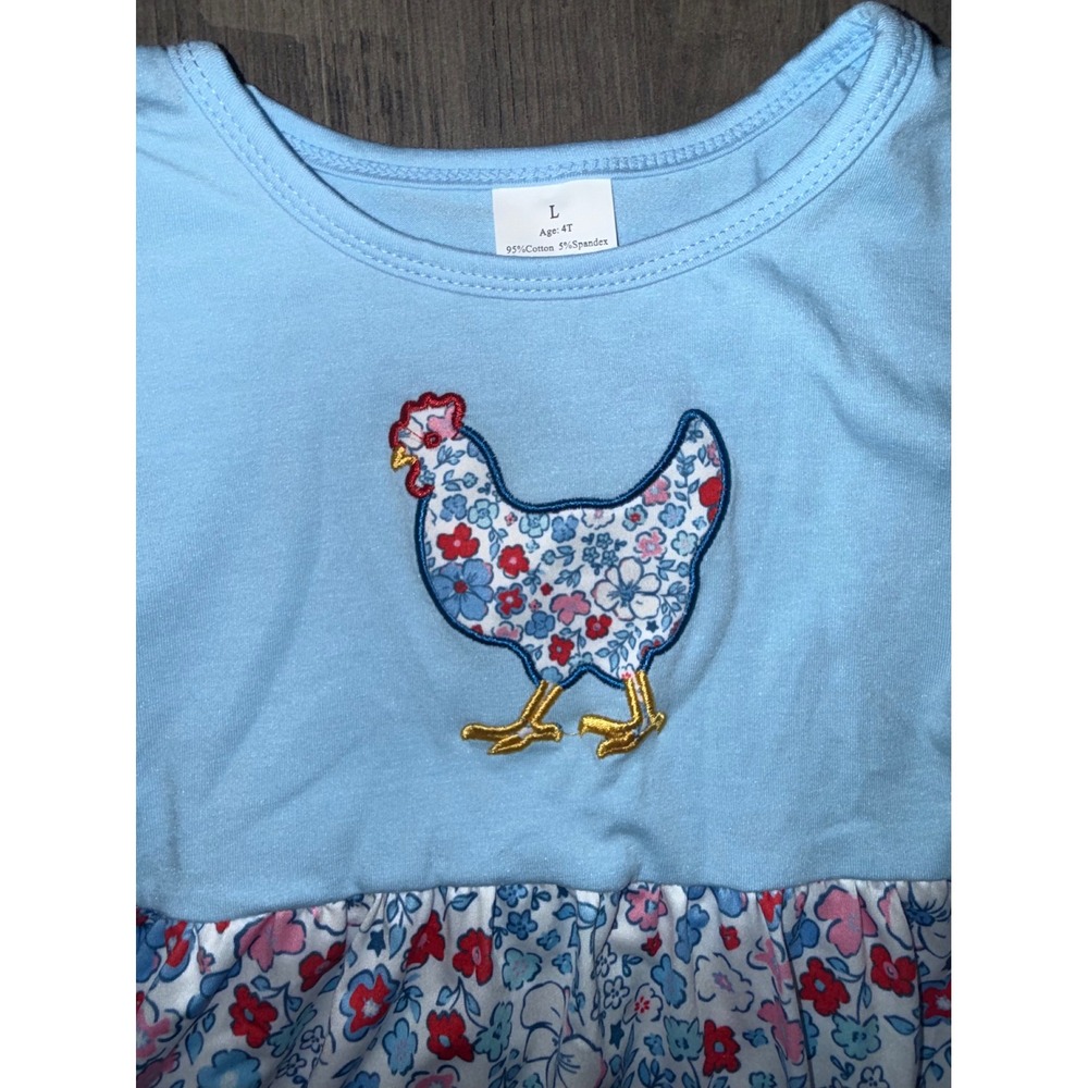 4T NWT Girls Light Blue Floral Chicken Applique Ruffle Dress Toddler Boutique - Picture 2 of 3